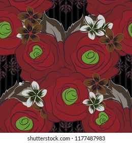 Vector illustration. Seamless floral pattern in red, brown and gray colors with motley rose flowers and green leaves.