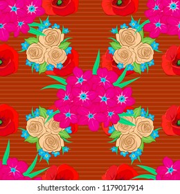 Vector illustration. Seamless floral pattern in orange, magenta and red colors with motley primula flowers.