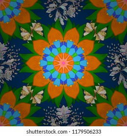 Vector illustration. Seamless Floral Pattern in Vector illustration. Beautiful fabric pattern. On blue, orange and green colors.