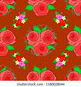 Vector illustration. Seamless floral pattern in red, orange and pink colors with motley rose flowers and green leaves.