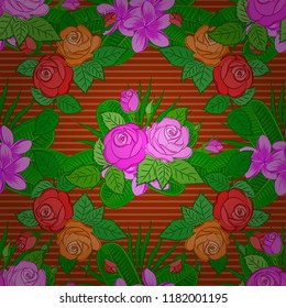 Vector illustration. Seamless floral pattern with stylized rose flowers and green leaves in orange, pink and green colors.