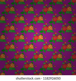 Vector illustration. Seamless floral pattern with stylized rose flowers and green leaves in purple, green and violet colors.