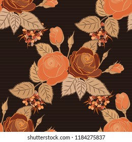 Vector illustration. Seamless floral pattern with stylized rose flowers and green leaves in orange, brown and beige colors.
