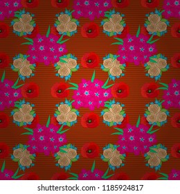 Vector illustration. Seamless floral pattern in cute primula flowers in magenta, red and orange colors.