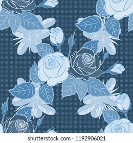 Vector illustration. Seamless floral pattern with stylized rose flowers and green leaves in gray and blue colors.