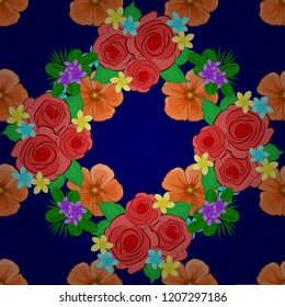 Vector illustration. Seamless floral pattern in cute rose flowers and green leaves in blue, orange and green colors.