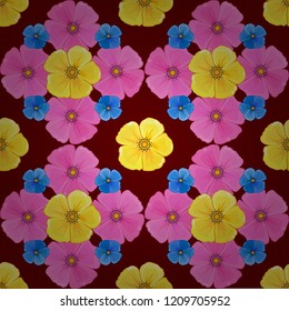 Vector illustration. Seamless floral pattern in cute cosmos flowers in red, yellow and pink colors.