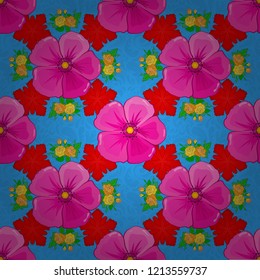 Vector illustration. Seamless floral pattern in cute cosmos flowers in blue, magenta and red colors.