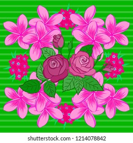 Vector illustration. Seamless floral pattern with stylized plumeria flowers in pink, magenta and green colors.