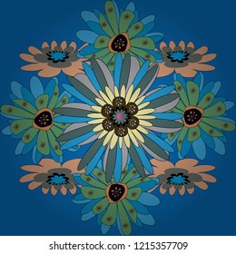 Vector illustration. Seamless floral pattern with wonderful flowers in gray, blue and green tones.