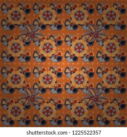 Vector illustration. Seamless floral pattern in orange, yellow and blue colors with motley plumeria flowers.
