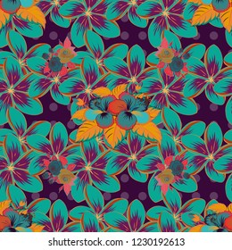 Vector illustration. Seamless floral pattern in cute plumeria flowers in green, purple and orange colors.