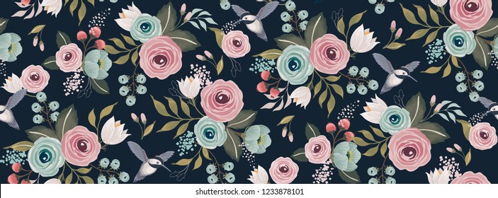  Vector illustration of a seamless floral pattern with a bird in spring for Wedding, anniversary, birthday and party. Design for banner, poster, card, invitation and scrapbook 