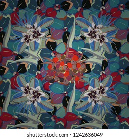 Vector illustration. Seamless floral pattern with stylized primula flowers in blue, gray and red colors.