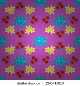 Vector illustration. Seamless floral pattern with stylized forget-me-not flowers in yellow, blue and violet colors.