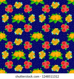 Vector illustration. Seamless floral pattern in cute rose flowers and green leaves in blue, yellow and green colors.