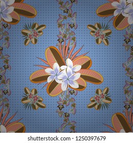 Vector illustration. Seamless floral pattern in brown, blue and orange colors with motley plumeria flowers.