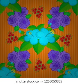 Vector illustration. Seamless floral pattern in green, violet and brown colors with motley hibiscus flowers.