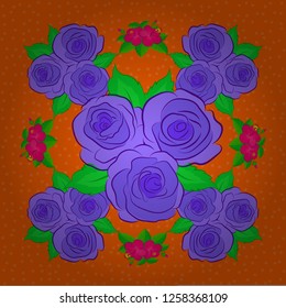 Vector illustration. Seamless floral pattern with stylized rose flowers and green leaves in violet, green and orange colors.