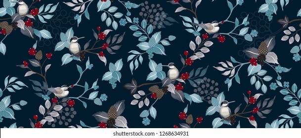  Vector illustration of a seamless floral pattern with cute birds in winter for Wedding, anniversary, birthday and party. Design for banner, poster, card, invitation and scrapbook 