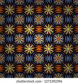 Vector illustration. Seamless floral pattern with wonderful flowers in black, blue and orange tones.
