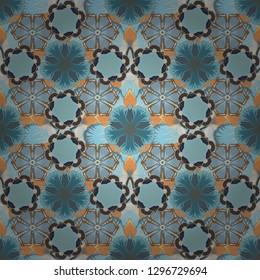 Vector illustration. Seamless floral pattern in brown, blue and yellow colors with motley flowers.