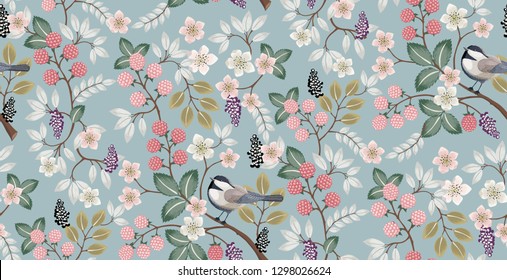  Vector illustration of a seamless floral pattern with cute birds in spring for Wedding, anniversary, birthday and party. Design for banner, poster, card, invitation and scrapbook 