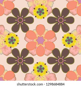 Vector illustration. Seamless floral pattern with stylized flowers in beige, pink and brown colors.