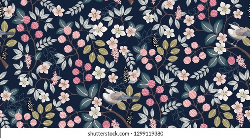  Vector illustration of a seamless floral pattern with cute birds in spring for Wedding, anniversary, birthday and party. Design for banner, poster, card, invitation and scrapbook 