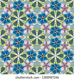 Vector illustration. Seamless floral pattern in cute flowers in blue, yellow and gray colors.