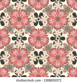 Vector illustration. Seamless floral pattern in pink, gray and beige colors with motley flowers.