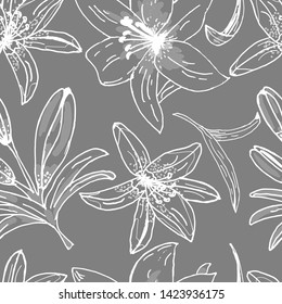 Vector illustration. Seamless floral pattern. White lilies on a gray background.