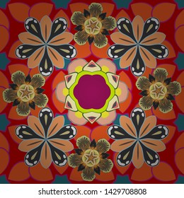 Vector illustration. Seamless floral pattern in gray, orange and red colors with motley flowers.