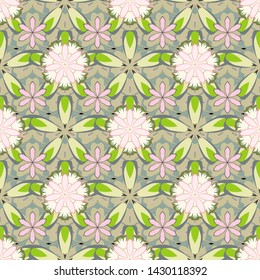 Vector illustration. Seamless floral pattern with stylized flowers in green, blue and beige colors.