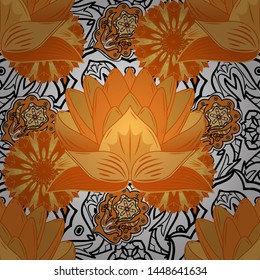 Vector illustration. Seamless floral pattern with flowers, watercolor. Flowers on orange, white and yellow colors. Colour Spring Theme seamless pattern Background. Flat Flower Elements Design.