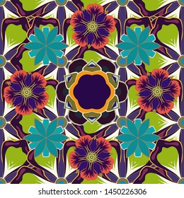 Vector illustration. Seamless floral pattern in blue, brown and green colors with motley flowers.