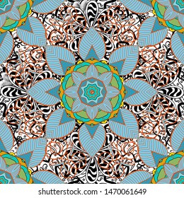 Vector illustration. Seamless floral pattern in folk style with flowers, leaves. Hand drawn.