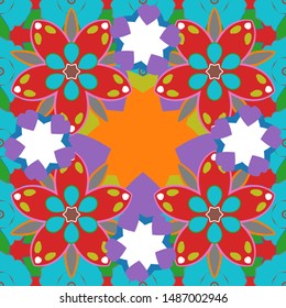 Vector illustration. Seamless floral pattern in red, blue and violet colors with motley flowers.