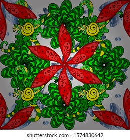 Vector illustration. Seamless floral pattern with doodles flowers on green, red and gray colors.