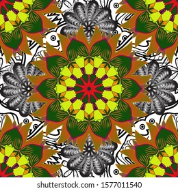 Vector illustration. Seamless floral pattern with flowers, watercolor. Colour Spring Theme seamless pattern Background. Flat Flower Elements Design. Flowers on green, orange and gray colors.