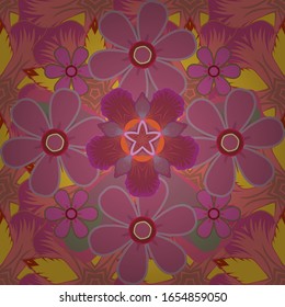 Vector illustration. Seamless floral pattern with stylized flowers in purple, red and brown colors.