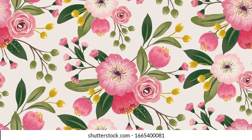 Vector illustration of a seamless floral pattern with spring flowers. Lovely floral background in sweet colors 
