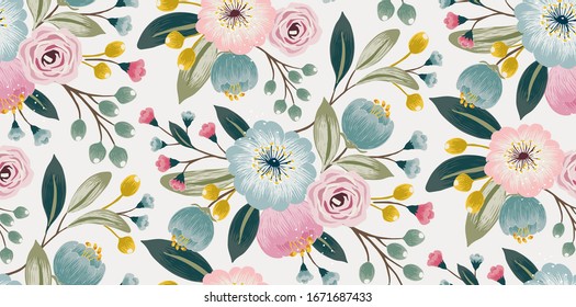 Vector illustration of a seamless floral pattern with spring flowers. Lovely floral background in sweet colors
