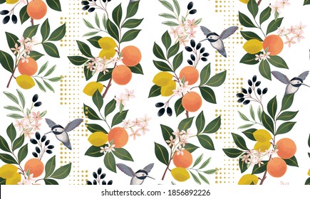 Vector illustration of seamless floral pattern with fruits. Design for cards, party invitation, Print, Frame Clip Art and Business Advertisement and Promotion