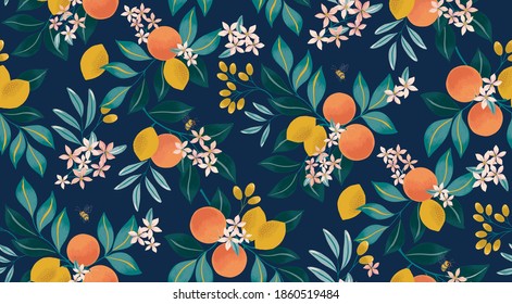 Vector illustration of seamless floral pattern with fruits. Design for cards, party invitation, Print, Frame Clip Art and Business Advertisement and Promotion