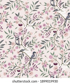 Vector illustration of seamless floral pattern with little birds in spring for Wedding, anniversary, birthday and party. Design for invitation card, picture frame, poster, scrapbook