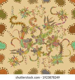 Vector illustration. Vector illustration. Seamless floral pattern with cute doodles flowers. In sketch style beige, neutral and brown colors. Collection of hand drawn flowers and plants.