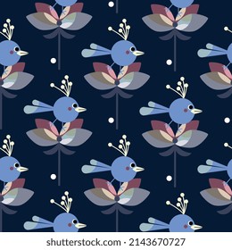 Vector illustration of seamless floral pattern with birds. Perfect for wallpapers, web pages backgrounds, surface textures, textile,  banner, poster, postcard. Cartoon pattern. 