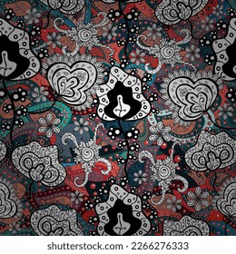 Vector illustration. Seamless floral pattern with cute doodles flowers. In sketch style white, black and blue colors. Collection of hand drawn flowers and plants. Vector illustration.