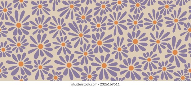 Vector illustration. Seamless floral pattern. Light background and purple daisies. Cute floral print. Perfect for wallpaper, cover, screen saver and textile design.
